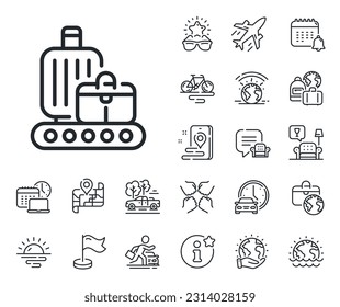 Travel bag claim sign. Plane jet, travel map and baggage claim outline icons. Baggage belt line icon. Handbag luggage symbol. Baggage belt line sign. Car rental, taxi transport icon. Vector