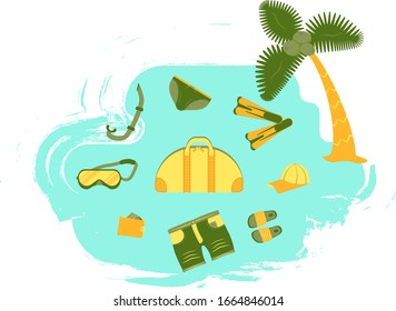 Travel bag, clothes, travel items. Set of travel icons and objects on a tropical background. Vector illustration in flat design. Travel concept