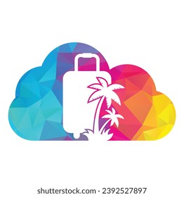 Plantilla de diseño del logotipo vectorial de la forma de la nube de la bolsa de viajes. Árbol de coco con el concepto de plantilla de diseño de logotipo en maleta.