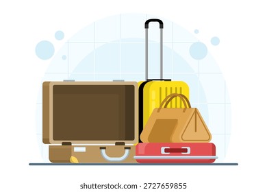 Composición de bolsas de viaje con maletas, mochilas y bolsas de lona. Equipaje retro con pegatinas, estuches de viaje con ruedas y concepto de viaje de aventura.