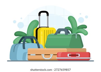 Reisetasche mit Koffern, Rucksäcken und Reisetaschen. Retro-Gepäck mit Aufklebern, Fahrradkoffer und Abenteuerreisen-Konzept.