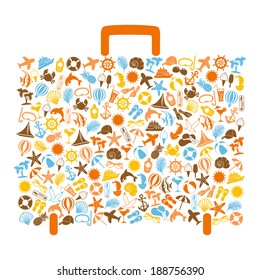 travel bag consisting of summer icons on white background