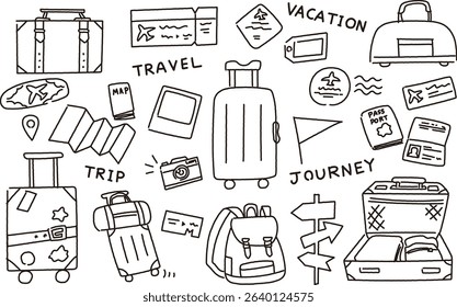 Travel bag doodle icons set. Hand drawn vector illustration.