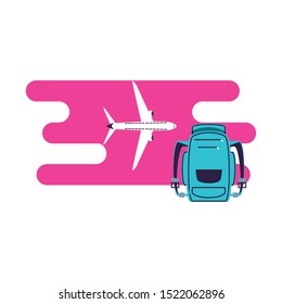 travel bag equipment with airplane vector illustration design