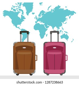 Travel bag flat vector illustration. world map background.