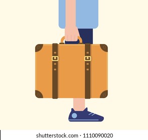 Bolsa de viaje en mano. Llevando maleta. Concepto de tiempo para viajar, cartel de plantilla. Ilustración del vector