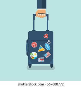 Travel bag in hand. Carrying suitcase. Case hold in hand. Time to travel concept, template banner. Vector illustration flat design. Tourist with suitcase. Isolated on background.