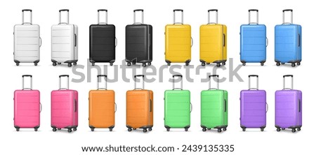 Travel bag with handle, airport suitcase in different colors. Vector illustration of luggage suitcases, travel abroad accessories, handbag baggage element, holiday journey vacation suitcase