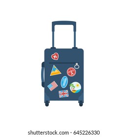 Bolso de viaje con asa sobre ruedas. Concepto de tiempo para viajar, banner de plantilla. Diseño plano de ilustración de vector. Maleta turística. Aislado en segundo plano. Pegatinas de todo el mundo, señal de viajes.