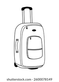 

Travel bag with handle. Vector linear drawing hand drawn. Travel bag on wheels iso with handle. Vector linear drawing hand drawn. Travel bag on wheels isolated on white background. Monochrome image.