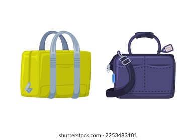 Travel Bag with Handle and Zipper as Packed Luggage for Traveling Vector Set