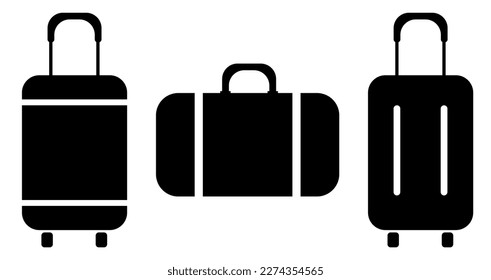 Travel bag icon. Baggage Suitcase bag icon. Backpack icon cabin luggage. black briefcase Trolley Bag with a handle. Summer vacation time tourism. Travel luggage symbol set.