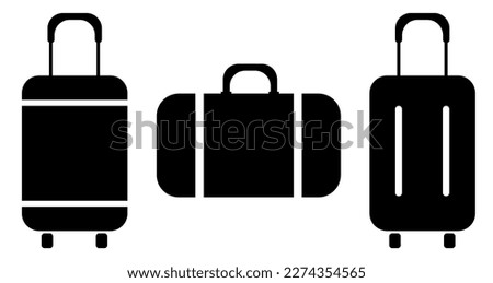 Travel bag icon. Baggage Suitcase bag icon. Backpack icon cabin luggage. black briefcase Trolley Bag with a handle. Summer vacation time tourism. Travel luggage symbol set.