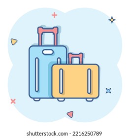 Travel bag icon in comic style. Luggage cartoon vector illustration on white isolated background. Baggage splash effect business concept.