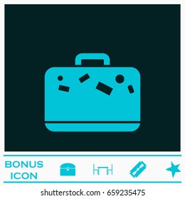 Travel bag icon flat. Blue pictogram on dark background. Vector illustration symbol and bonus icons