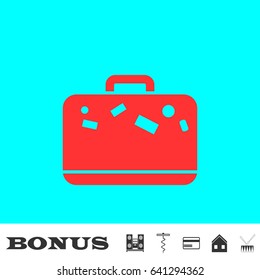 Travel bag icon flat. Red pictogram on blue background. Vector illustration symbol and bonus buttons Music center, corkscrew, credit card, house, drum
