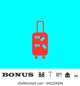 Travel bag icon flat. Red pictogram on blue background. Vector illustration symbol and bonus buttons Music center, corkscrew, credit card, house, drum
