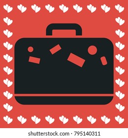 Travel bag icon flat. Simple black pictogram on red background with white hearts for valentines day. Vector illustration symbol