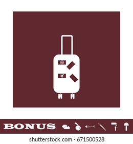 Travel bag icon flat. White pictogram on brown background. Vector illustration symbol and bonus icons