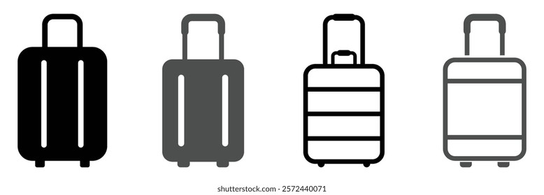 Travel bag icon set. Vacation, baggage and luggage symbol. Suitcase icon with wheels in modern flat vector style.