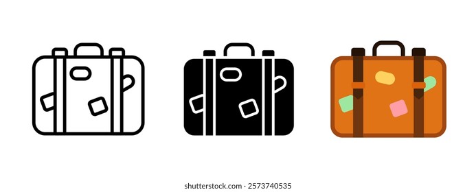 Travel bag icon. Suitcase with stickers vector illustration. Vacation baggage symbol. Trip bag sign. Vintage leather voyage briefcase. Handle retro briefcase with journey stickers. Adventure trip bag.