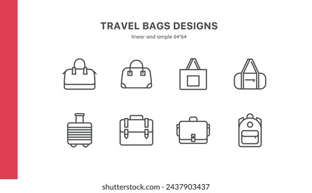 Travel Bag Icons: Luggage, Suitcases, Backpacks, Weekenders, Work Bags, Totes, Briefcases; Editable Vector Set for Vacation, Travel and Sport. Linear, Simple Designs. Women's, Men's, Unisex, Isolated.