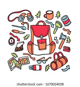 Travel bag and important things for adventure. Tourism vector illustration in a doodle style. Summer holidays, vacation. Journey, trip plan.