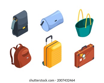 Travel bag isometric. Suitcases collection luggage collection for travellers holiday adventures garish vector 3d travel bags collection