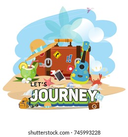 travel bag with journal element on the beach. Journey typographic - vector illustration