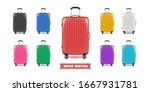 Travel bag luggage 3d realistic collection. Set of different color bags with shadows isolated on white background. Vector illustration.