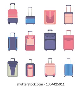 Travel bag luggage icon set. Suitcases isolated on white. Backpacks in flat style. Vector illustration handbag object
