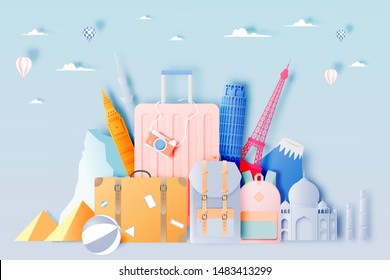 Travel bag and luggage in paper art style with pastel color scheme and attraction background vector illustration