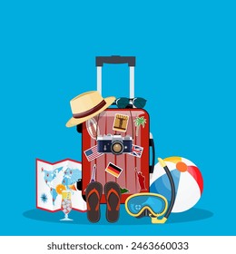 Travel bag, luggage Suitcase with stickers, straw hat, beach ball, sandals, shoes . Summer time, vacation, tourism concept. Vector illustration in flat style