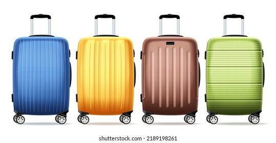 Travel bag luggage vector set design. Travelers 3d baggage collection for vacation trip elements in white isolated background. Vector Illustration.