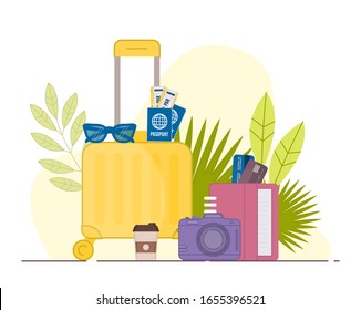 Travel bag with many items vector. Journey suitcase tourist vacation case. Travel luggage concept. Packing handbag trip instruction. First aid kit, cloth, palm, note pad, coffee, phone, water bottle