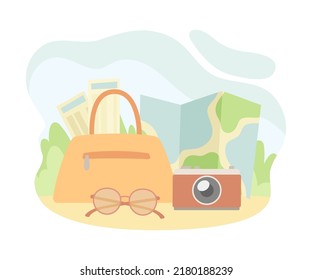 Travel Bag with Map, Camera and Tickets as Summer Tourism Vector Composition