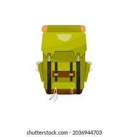 Travel bag with metal mug on back isolated trekking backpack. Vector green knapsack, hiking, climbing mountain sport backpacking equipment with lacing. Expedition haversack, cartoon hikers bag