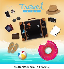 Travel Bag on Beach Background, Travel Time, Vector