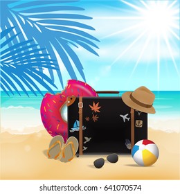 Travel Bag on Beach Background, Travel Time, Vector