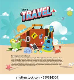 travel bag on the beach with elements - vector illustration
