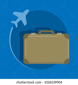 A travel bag on a blue background. A green luggage with an airplane. Vector illustration.