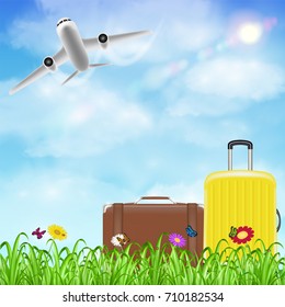 travel bag on grass flower with airplane in sky