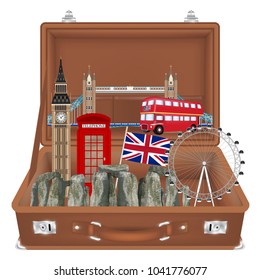 travel bag open with england landmark inside