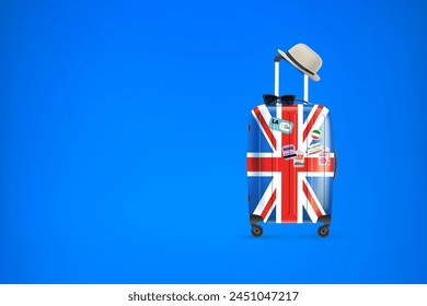 Travel bag with paper stickers, hat and sunglasses. 3d vector banner with copy space