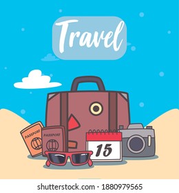 travel bag passports calendar and camera design, trip tourism and journey theme Vector illustration