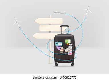 Travel bag with pointer and traces of airplanes. Vacation or business travel concept
