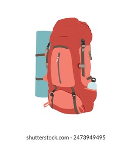 Travel bag. Red camping and hiking rucksack with sports mat. Journey and adventure baggage. Vector traveling backpack.