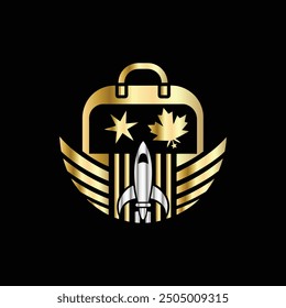 Travel bag with rocket and maple leaf. Vector illustration on black background.