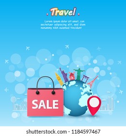 travel bag sale accessories around the world concept summer banner plane aerial check in Invitation on blue bokeh Background Design, Top world famous landmark. Card, Poster, paper art, vector.