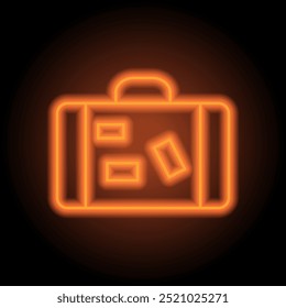 Travel bag simple icon vector. Flat design. Orange neon on black background.ai